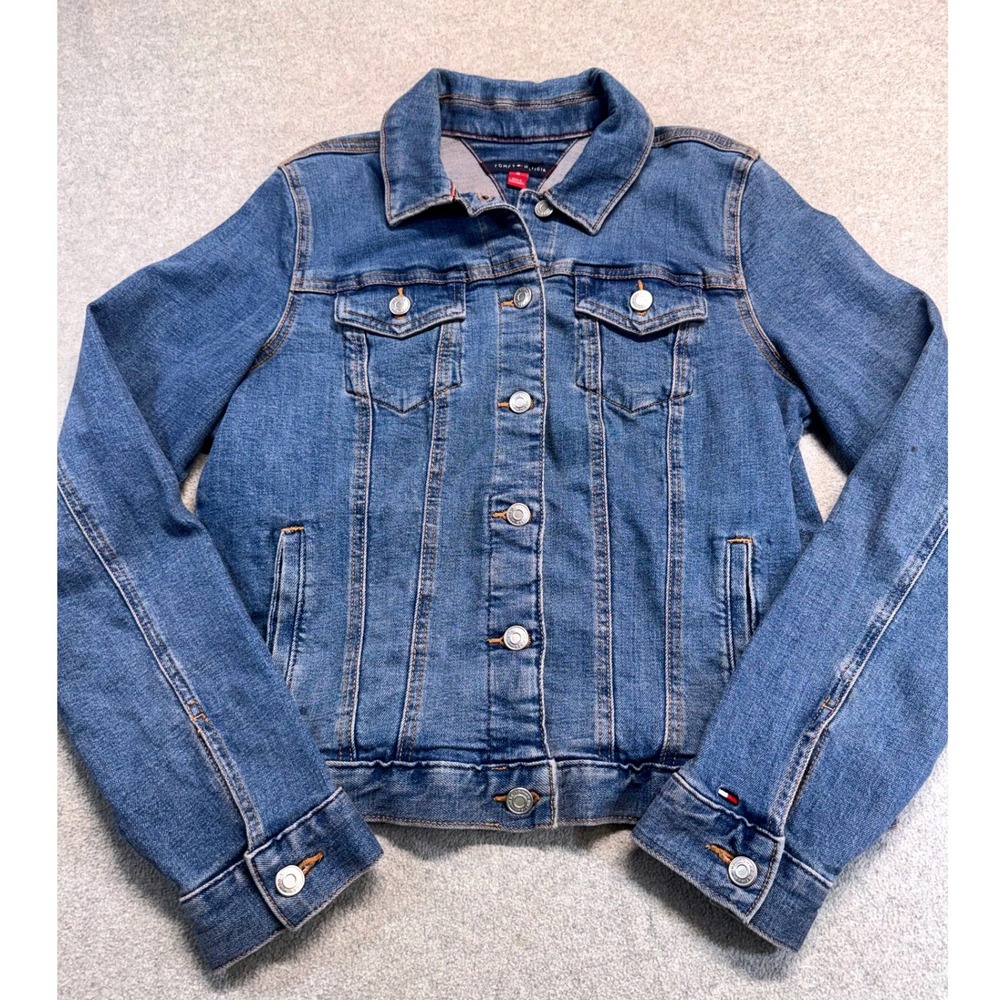 Tommy Hilfiger Womens Medium Denim Jacket Blue Button Front Stretch Jean Jacket‎
